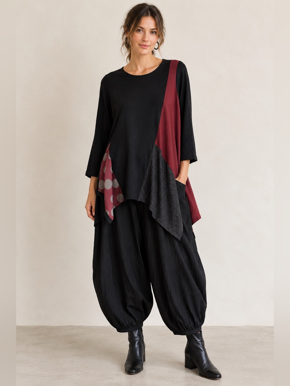 Alembika Asymmetrical Mix Print Long Sleeve Lagenlook Jersey Tunic Size 2/8-10